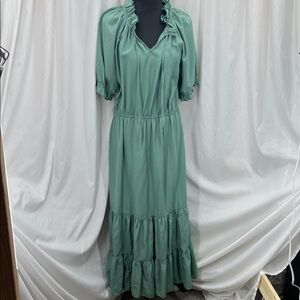 Elegant Olive Green Women's XL Short Sleeve Maxi Dress Boho Cottagecore Ruffles